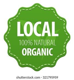 Local 100% Natural Organic green label with a seam icon isolated on white background. Eco bio nature fresh food. Vector illustration
