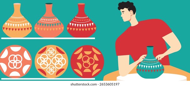 Local african market with hands-on tableware, flat vector stock illustration with craft pottery making moroccan tradition for sstkTravel