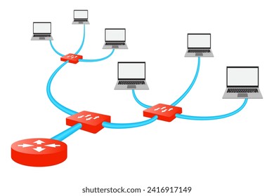 Diagrama 3d de la red de área local. Concepto de Internet.