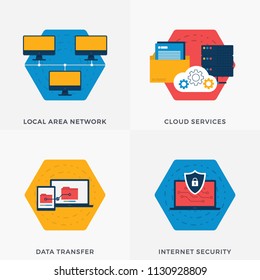 Local Area Network, Cloud Services, Data Transfer, Data Exchange, Internet Security, Local Area Network  Flat Banners for Websites. Vector Illustration Set About Internet and Security 