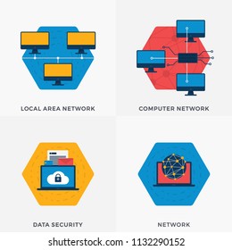 Local Area Network, Network, Computer Network, Data Security  Flat Banners for Websites. Vector Illustration Set About Internet and Security 
