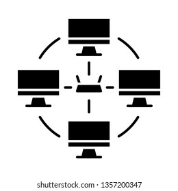 Local area network glyph icon. Esports community. LAN. Computer network. Interconnections between gamers. Silhouette symbol. Negative space. Vector isolated illustration