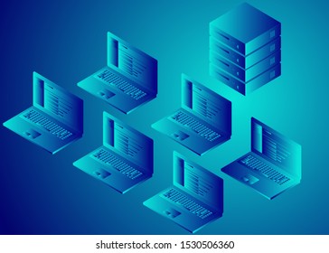 Local area network illustration server and laptops with  background blue green gradient