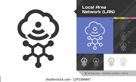 Local area network LAN icon black glyph silhouette and editable stroke thin outline single with cloud computing, wireless technology and connection symbol.