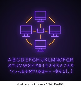 Local area network neon light icon. Esports community. LAN. Computer network. Interconnections between gamers. Glowing sign with alphabet, numbers and symbols. Vector isolated illustration