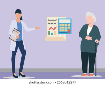 Local authority assess financial documents and doctor with vulnerable adults standing old woman with bank statement and authority. Financial report at medical patient for medical fee vect illustration