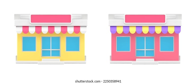 Local awning store street facade exterior storefront market grocery shop 3d icon set realistic vector illustration. Commercial boutique architecture property supermarket showcase small city shopping