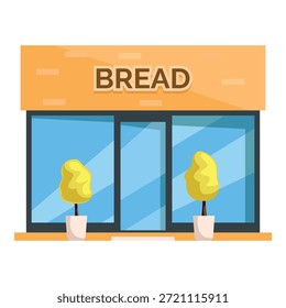 Fachada de padaria local exibindo um sinal de pão e plantas em vaso, convidando os clientes a desfrutar de doces frescos