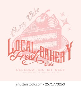 Local Bakery tasty cherries, Happy birthday cake vector art, Cherry and strawberry cake. Fruit vanilla cake graphic print design for t shirt, apparel, posters, fresh pastries, background Sweet club