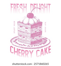 Local Bakery tasty cherries, Happy birthday cake vector art, Cherry and strawberry cake. Fruit vanilla cake graphic print design for t shirt, apparel, posters, fresh pastries, background Sweet club