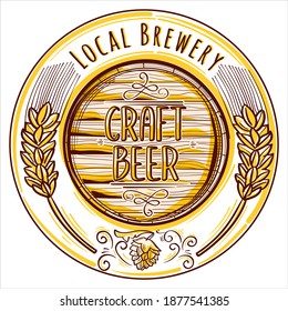 Local brewery craft beer - wooden barrel decorative drawn emblem