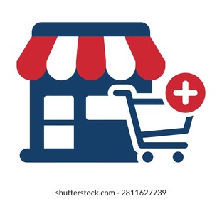 Local brick and mortar storefront boutique shop front next to a supermarket shopping cart with a red add plus cross icon. Retail store expansion commercial rollout symbol.