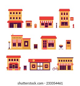 Local Business Buildings. Set Of Icons Of Local Business Buildings Such As: Retail Store, Mall, Restaurant, Cafe And So On