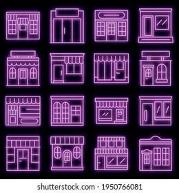 Local business icons set. Outline set of local business vector icons neon color on black