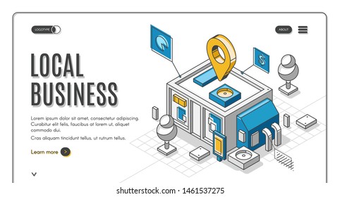 Local business isometric landing page, start up financing support service. Small shop, store or cafeteria building plan, construction project, 3d vector illustration, line art, web banner template