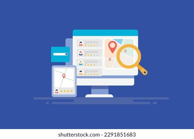 Local Business location on search engine, Local search optimization, Business reviews on search engine - flat design vector illustration with icons
