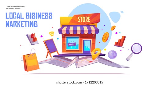 Local Business Marketing Banner Template. Seo, Start Up Project Financing Support Service. Small Business, Shop Or Store Building Stand On Map. Market Construction City Project, Cartoon Illustration