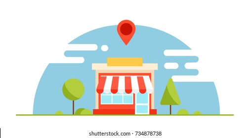 Banner de optimización empresarial local. La tienda es rentable. Fondo horizontal con árboles y montañas. Ilustración plana del vector