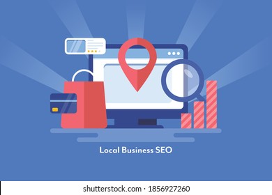 Local business optimization, Local SEO for small business, Business analytics for local search result - conceptual vector illustration