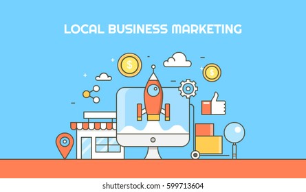 Local Business Optimization Thin Line Vector Banner, Giving Boost To Local Business Through Inbound Marketing Process With Icons And Elements