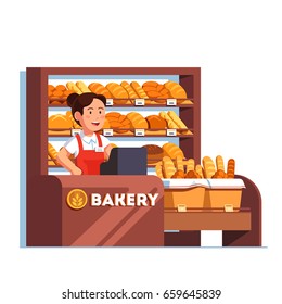 Local business owner working as cashier clerk at her bread bakery store at checkout counter desk. Showcase full products. Retail business. Flat style vector illustration isolated on white background.