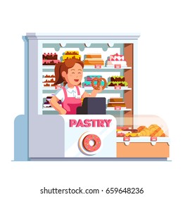 Local business owner working as cashier at pastry store showing pretzel in hand at bakery checkout counter. Showcase full of cakes & baked products. Retail business. Flat vector isolated illustration.