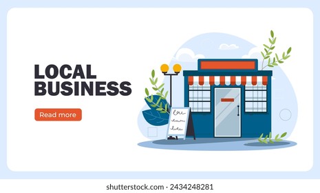 Local business poster. Small shop or market. City infrastructure and architecture. Retail occupation and marketing, commerce. Landing webpage design. Cartoon flat vector illustration