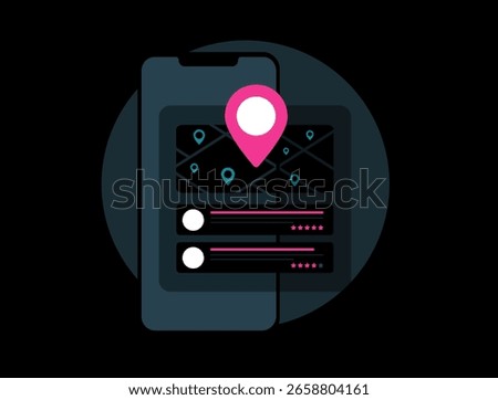 Local business ranking with map pin, mobile interface, review stars and location search. Local organic search with customer rating system, navigation app UI, black background vector illustration