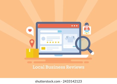 Local business review, Customer sharing online review, search engine business reviews, SEO optimization for local business - vector illustration background with icons