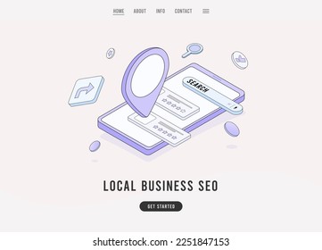 Local Business SEO concept. Search engine digital marketing online strategy for local companies. Improve business visibility flat design vector e-commerce landing page template. Vector illustration