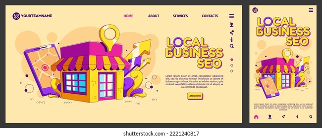 Local business SEO landing page template. Website optimization services for small company, shop sales or startup project development. Contemporary vector design of computer and mobile app versions