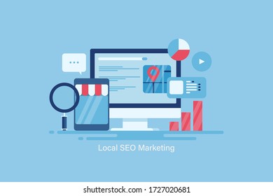 Local Business SEO, Local SEO marketing, Mobile marketing, Local search listing - conceptual vector illustration with icons