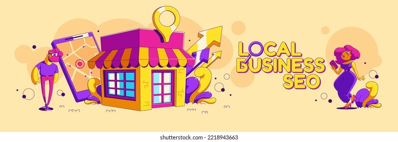 Local business seo, optimization banner with contemporary client characters at store building, tablet with map, location pin and arrows. Market strategy campaign, Cartoon linear vector illustration