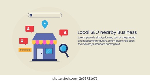 Local business shop surrounded by customers, location pins, search magnifier, rating icons, and a search bar, representing core components of a local SEO strategy