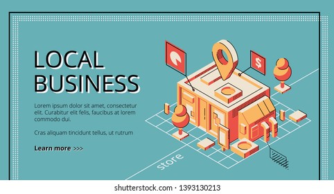 Local business start financing, lending service isometric vector web banner, landing page template. Small shop, store or cafeteria building plan, construction project pop art, retro color illustration