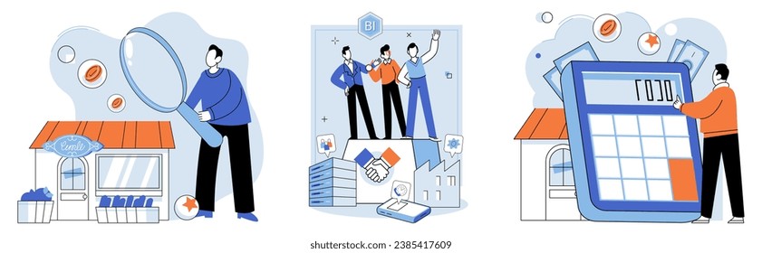 Negocios locales. Ilustración vectorial. El comercio es el motor del crecimiento económico y facilita el comercio entre empresas Las empresas comerciales contribuyen al panorama económico general y crean