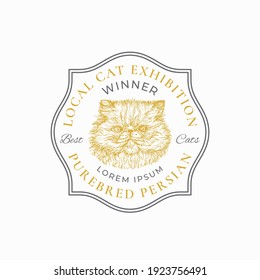 Local Cat Exhibition Frame Badge or Logo Template. Hand Drawn Persian Breed Face Sketch with Retro Typography and Borders. Vintage Premium Emblem. Isolated.