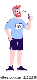 Local champion of running semi flat RGB color vector illustration. Marathon runner showing thumb up isolated cartoon character on white background