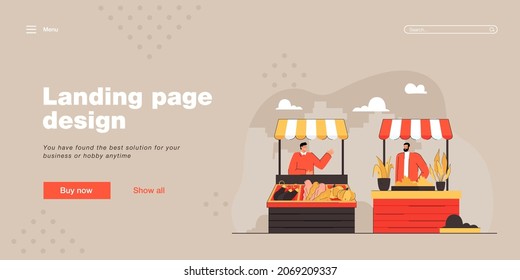 Local city market and fresh plant food vendors. Flat vector illustration. Vendors selling vegetables, organic products and plants in street. Trade, shopping, healthy food concept for banner design