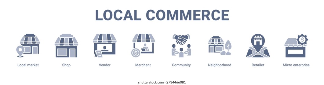 Concepto de Ilustración vectorial de ícono de Anuncio de Web de comercio local, con ícono de mercado local, tienda, proveedor, comerciante, comunidad, vecindario, minorista.