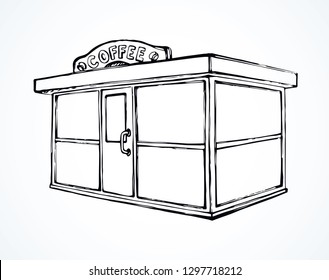 Local cookies show booth box stand exterior on white space for text. Line black hand draw empty town glass rack cabin symbol. Small urban street cook bistro bar hut in art modern doodle cartoon style