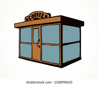 Local cookies show booth box stand exterior on white space for text. Line black hand draw empty town glass rack cabin symbol. Small urban street cook bistro bar hut in art modern doodle cartoon style