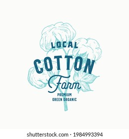 Local Cotton Farm Abstract Vector Sign, Symbol or Logo Template. Hand Drawn Plant Branch with Premium Vintage Typography. Stylish Classy Vector Emblem Concept. Isolated.