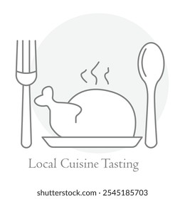 Lokale Küche Tasting Icon - Gabel und Löffel mit lokalen Lebensmitteln Highlighting kulinarischen Erfahrungen.