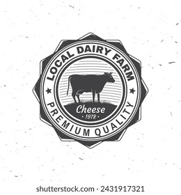 Local dairy farm badge design. Template for logo, branding design with cow on the grass. Vector illustration. Hand crafted product cheese