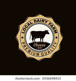 Local dairy farm badge design. Template for logo, branding design with cow on the grass. Vector illustration. Hand crafted product cheese