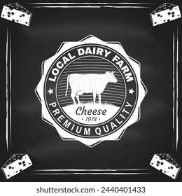 Local dairy farm badge design on the chalkboard. Template for logo, branding design with cow on the grass. Vector illustration. Hand crafted product cheese