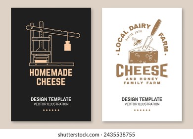 Local dairy farm poster design. Template for logo, branding design with cheese molds and press, block cheese, fork for cheese and bee. Vector illustration. Cheese and honey family farm.