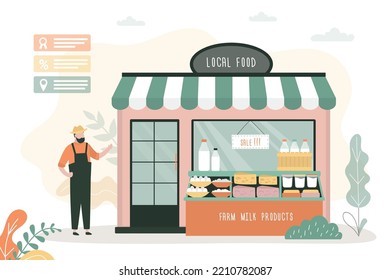 Local dairy shop. Ecological food on store counter. Assortment of milk, sour cream, yogurt and eggs in small market. Seller or farmer near shop storefront. Farmer kiosk. Flat vector illustration