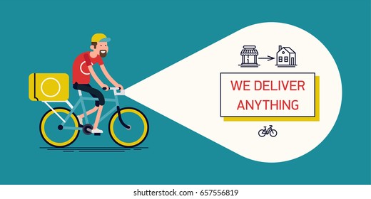 Local delivery business header image, vector. Bicycle shipping background with man riding bike with head light beam as text container